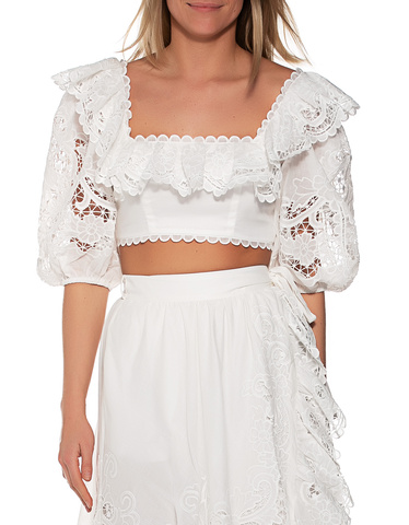 Zimmermann Lulu Scallop Frill Top Off White Cropped Blouse With Tie Detail Women